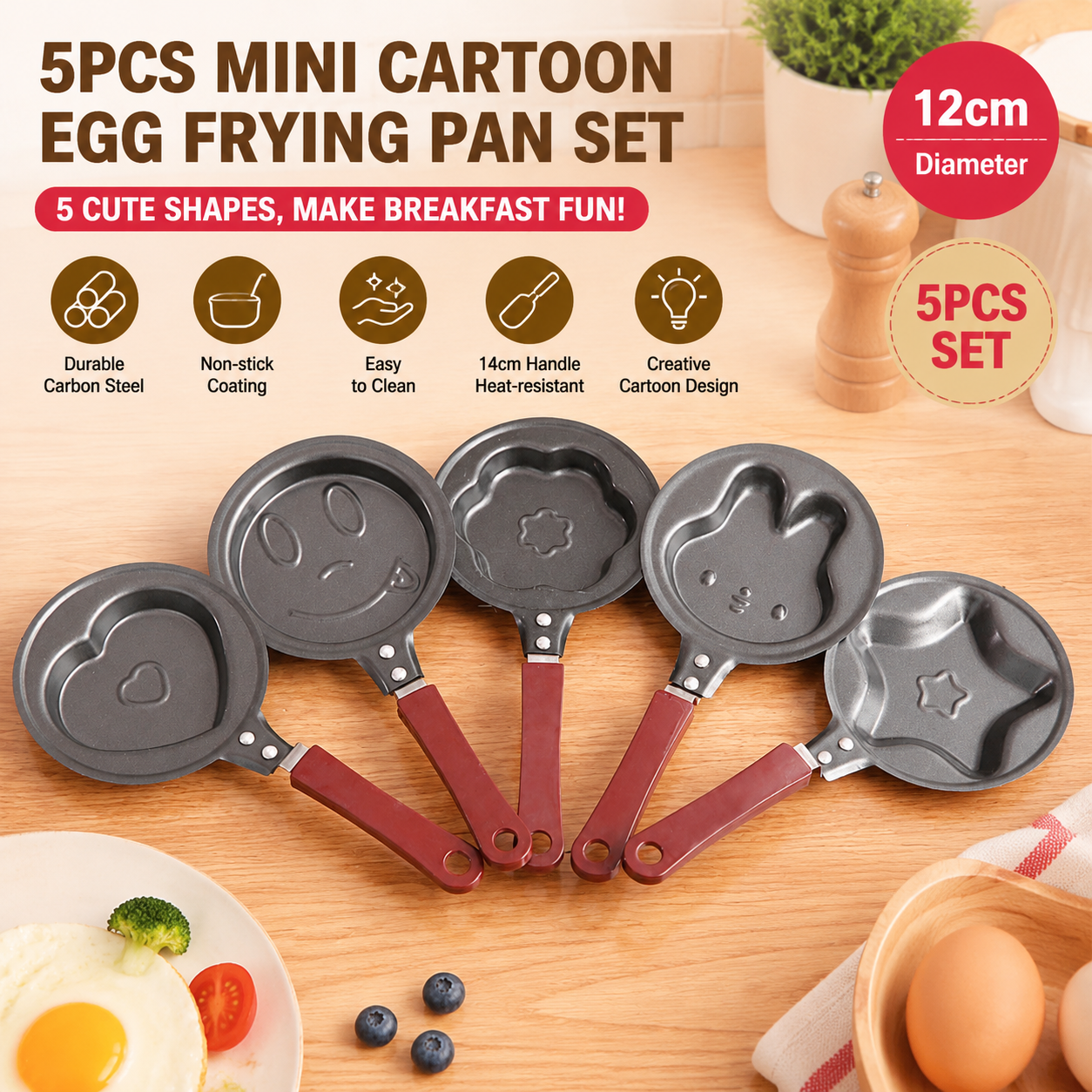 5 Piece Mini Nonstick Egg Frying Pan Set (Heart / Star / Blossom / Smile / Rabbit Cartoon Shapes) - 12cm Durable Carbon Steel Cookware with Heat-Resistant Handles for Eggs Pancakes Breakfast