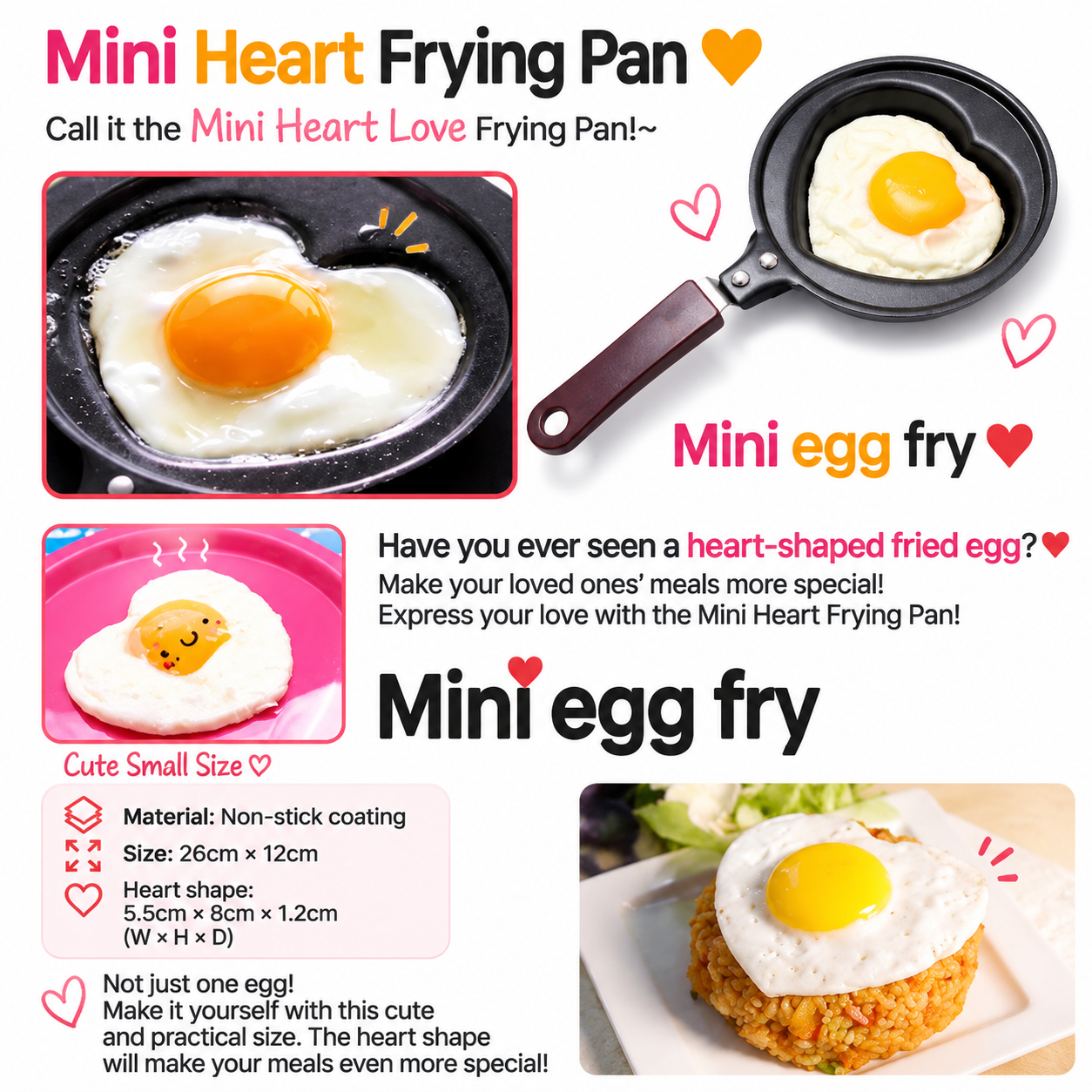 5 Piece Mini Nonstick Egg Frying Pan Set (Heart / Star / Blossom / Smile / Rabbit Cartoon Shapes) - 12cm Durable Carbon Steel Cookware with Heat-Resistant Handles for Eggs Pancakes Breakfast