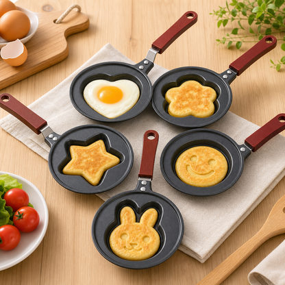 5 Piece Mini Nonstick Egg Frying Pan Set (Heart / Star / Blossom / Smile / Rabbit Cartoon Shapes) - 12cm Durable Carbon Steel Cookware with Heat-Resistant Handles for Eggs Pancakes Breakfast
