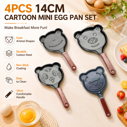 4 Piece Mini Non-Stick Egg Frying Pan Set (Frog / Pig / Bear / Tigger Cartoon Shapes) - 14cm Durable Carbon Steel Cookware with Heat-Resistant Handles for Eggs Pancakes Breakfast
