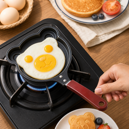 4 Piece Mini Non-Stick Egg Frying Pan Set (Frog / Pig / Bear / Tigger Cartoon Shapes) - 14cm Durable Carbon Steel Cookware with Heat-Resistant Handles for Eggs Pancakes Breakfast