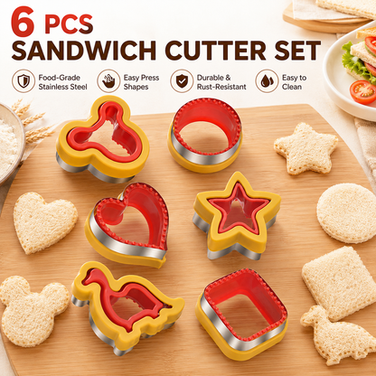 6 Piece Sandwich Cutter and Sealer Set (Heart Square Round Dinosaur Bear Shapes) - Food Grade Stainless Steel Press Moulds, Nonslip Handguard & Easy to Clean for Lunchboxes Toast Cookies  DIY Baking