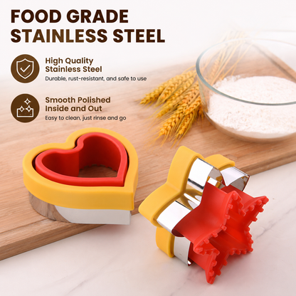 6 Piece Sandwich Cutter and Sealer Set (Heart Square Round Dinosaur Bear Shapes) - Food Grade Stainless Steel Press Moulds, Nonslip Handguard & Easy to Clean for Lunchboxes Toast Cookies  DIY Baking
