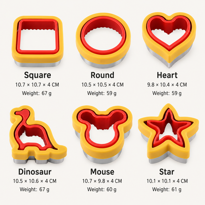 6 Piece Sandwich Cutter and Sealer Set (Heart Square Round Dinosaur Bear Shapes) - Food Grade Stainless Steel Press Moulds, Nonslip Handguard & Easy to Clean for Lunchboxes Toast Cookies  DIY Baking