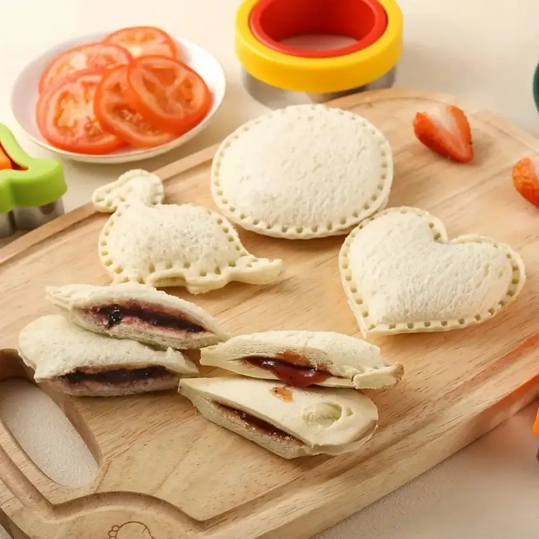 6 Piece Sandwich Cutter and Sealer Set (Heart Square Round Dinosaur Bear Shapes) - Food Grade Stainless Steel Press Moulds, Nonslip Handguard & Easy to Clean for Lunchboxes Toast Cookies  DIY Baking