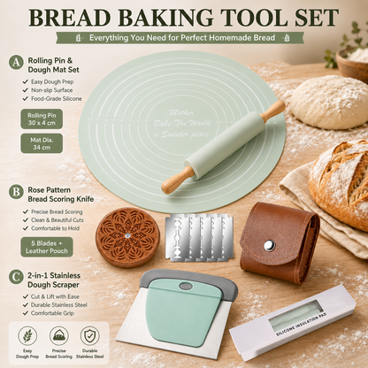 Mint Green Bread Baking Tool Set with Silicone Dough Mat + Rolling Pin, 2-in-1 Stainless Steel Dough Scraper Cutter and UFO Bread Scoring Lame with 5 Blades & Leather Case, Complete Home Baking Accessories Kit for Dough Pre