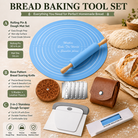 Blue Bread Baking Tool Set with Silicone Dough Mat + Rolling Pin, 2-in-1 Stainless Steel Dough Scraper Cutter and UFO Bread Scoring Lame with 5 Blades & Leather Case, Complete Home Baking Accessories Kit for Dough Pre