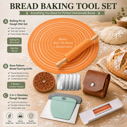 Orange Bread Baking Tool Set with Silicone Dough Mat + Rolling Pin, 2-in-1 Stainless Steel Dough Scraper Cutter and UFO Bread Scoring Lame with 5 Blades & Leather Case, Complete Home Baking Accessories Kit for Dough Pre