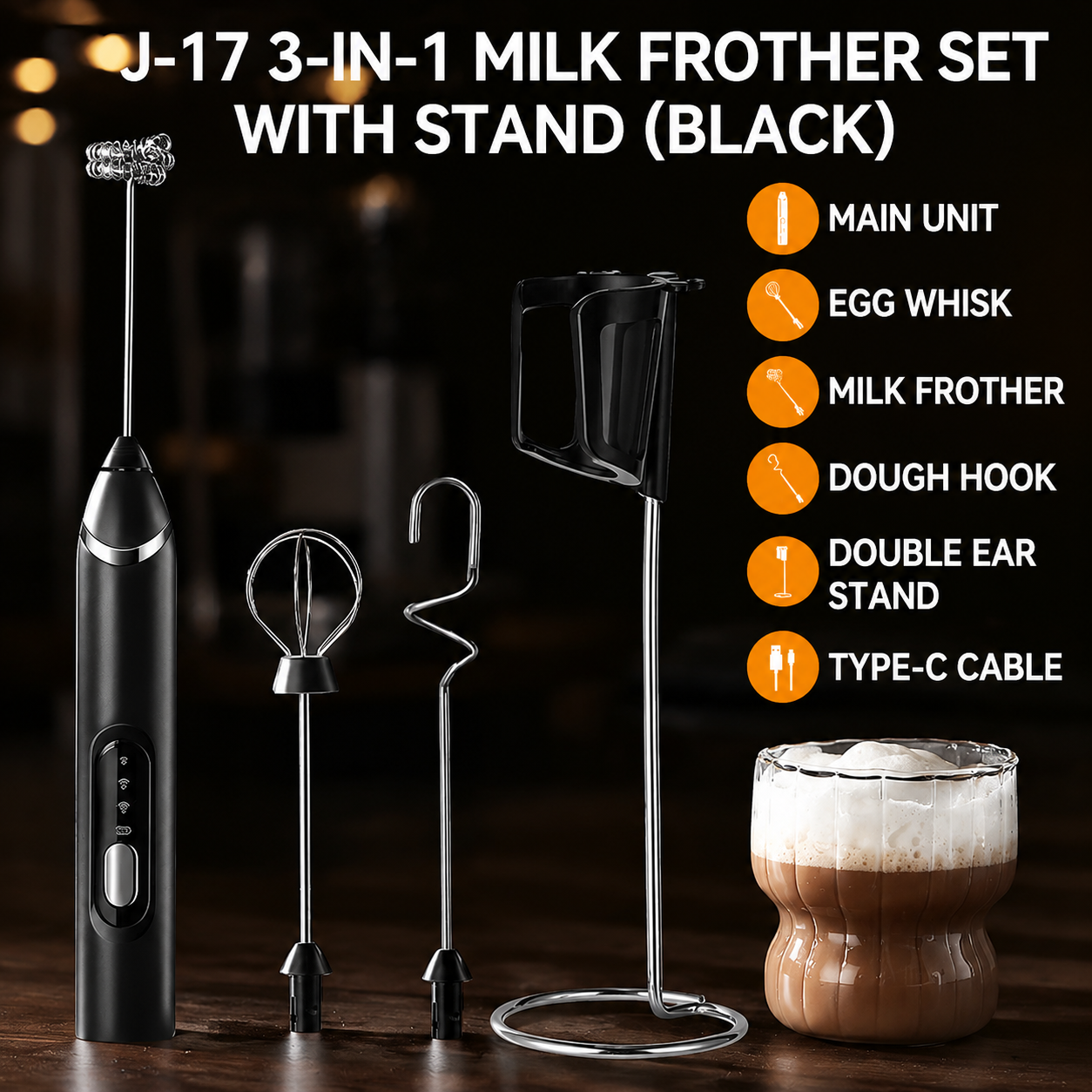 J-17 Black Wireless Handheld Electric Milk Frother / Egg Beater / Dough Mixer with 3 Stainless Steel Heads & Stand, 3-Speed Stable and Anti-Splash, Typec Rechargeable