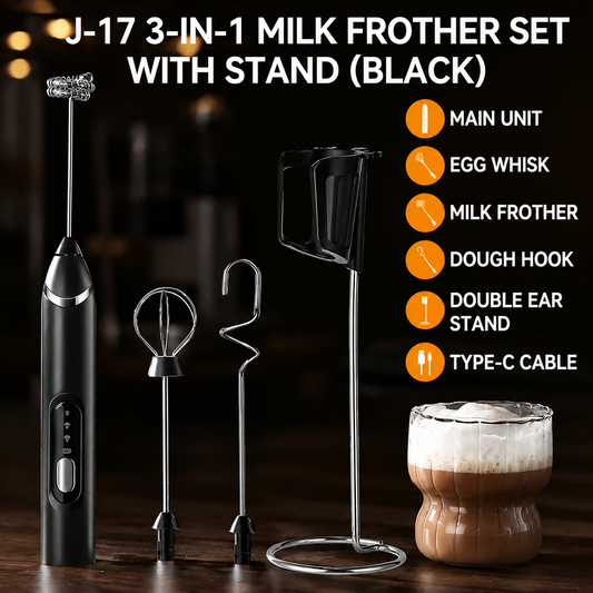 J-17 Black Wireless Handheld Electric Milk Frother / Egg Beater / Dough Mixer with 3 Stainless Steel Heads & Stand, 3-Speed Stable and Anti-Splash, Typec Rechargeable