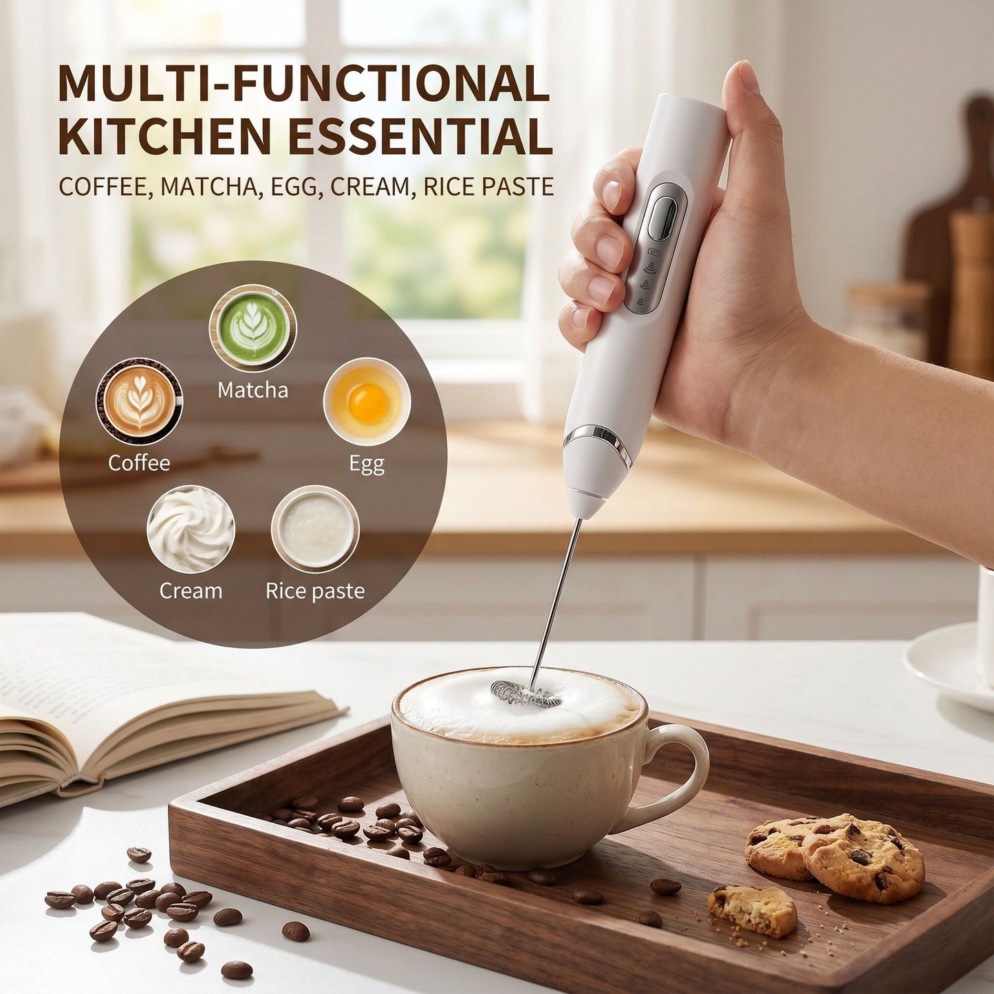 J-17 Black Wireless Handheld Electric Milk Frother / Egg Beater / Dough Mixer with 3 Stainless Steel Heads & Stand, 3-Speed Stable and Anti-Splash, Typec Rechargeable