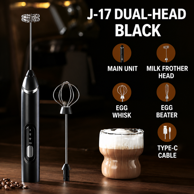 J-17 Black Wireless Handheld Electric Milk Frother / Egg Beater with 2 Stainless Steel Heads, 3-Speed Stable and Anti-Splash, Typec Rechargeable