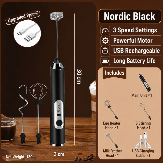 J-3 Black Wireless Handheld Electric Milk Frother / Egg Beater / Dough Mixer with 3 Stainless Steel Heads, 3-Speed Stable and Anti-Splash, Typec Rechargeable