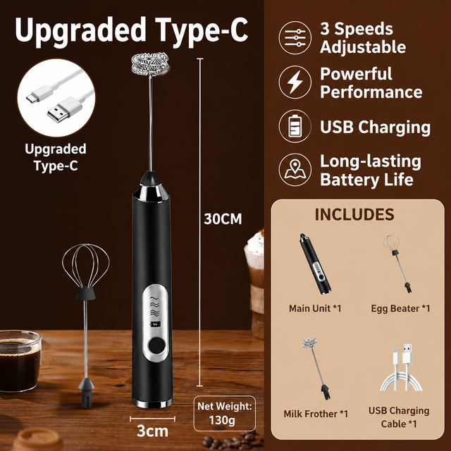 J-3 Black Wireless Handheld Electric Milk Frother / Egg Beater with 2 Stainless Steel Heads, 3-Speed Stable and Anti-Splash, Typec Rechargeable