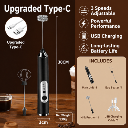 J-3 Black Wireless Handheld Electric Milk Frother / Egg Beater with 2 Stainless Steel Heads, 3-Speed Stable and Anti-Splash, Typec Rechargeable