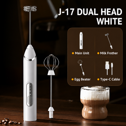 J-17 White Wireless Handheld Electric Milk Frother / Egg Beater with 2 Stainless Steel Heads, 3-Speed Stable and Anti-Splash, Typec Rechargeable