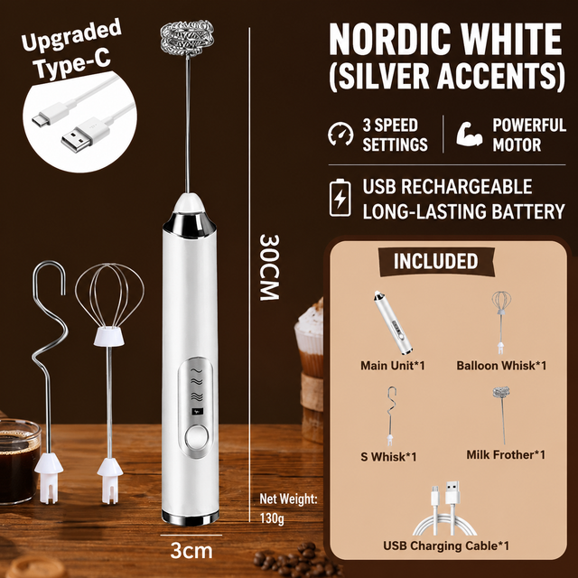 J-3 White Wireless Handheld Electric Milk Frother / Egg Beater / Dough Mixer with 3 Stainless Steel Heads, 3-Speed Stable and Anti-Splash, Typec Rechargeable