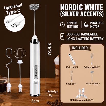 J-3 White Wireless Handheld Electric Milk Frother / Egg Beater / Dough Mixer with 3 Stainless Steel Heads, 3-Speed Stable and Anti-Splash, Typec Rechargeable