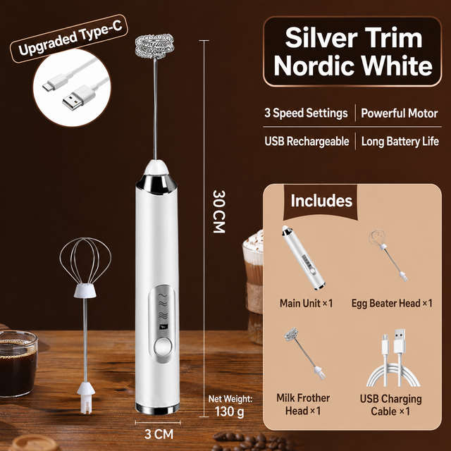 J-3 White Wireless Handheld Electric Milk Frother / Egg Beater with 2 Stainless Steel Heads, 3-Speed Stable and Anti-Splash, Typec Rechargeable
