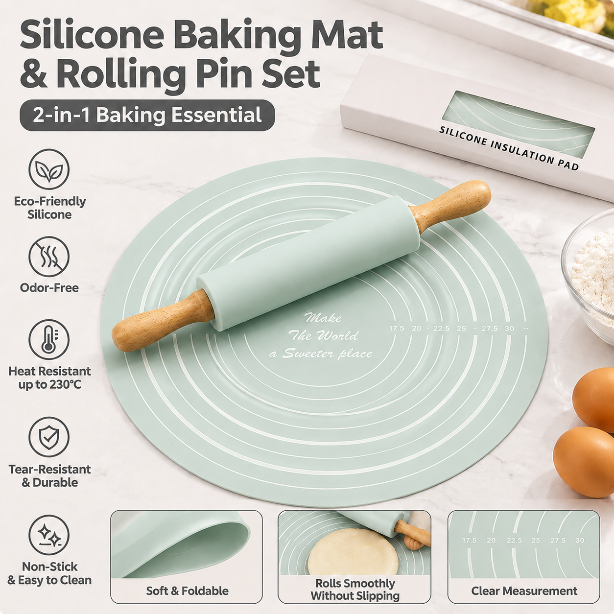 2PCS Mint Green Nonstick Silicone Dough Mat and Rolling Pin - Non Slip Baking Accessories with Measurement Marks, Heat Resistant & Easy to Clean for Bread Cake Dough Pre