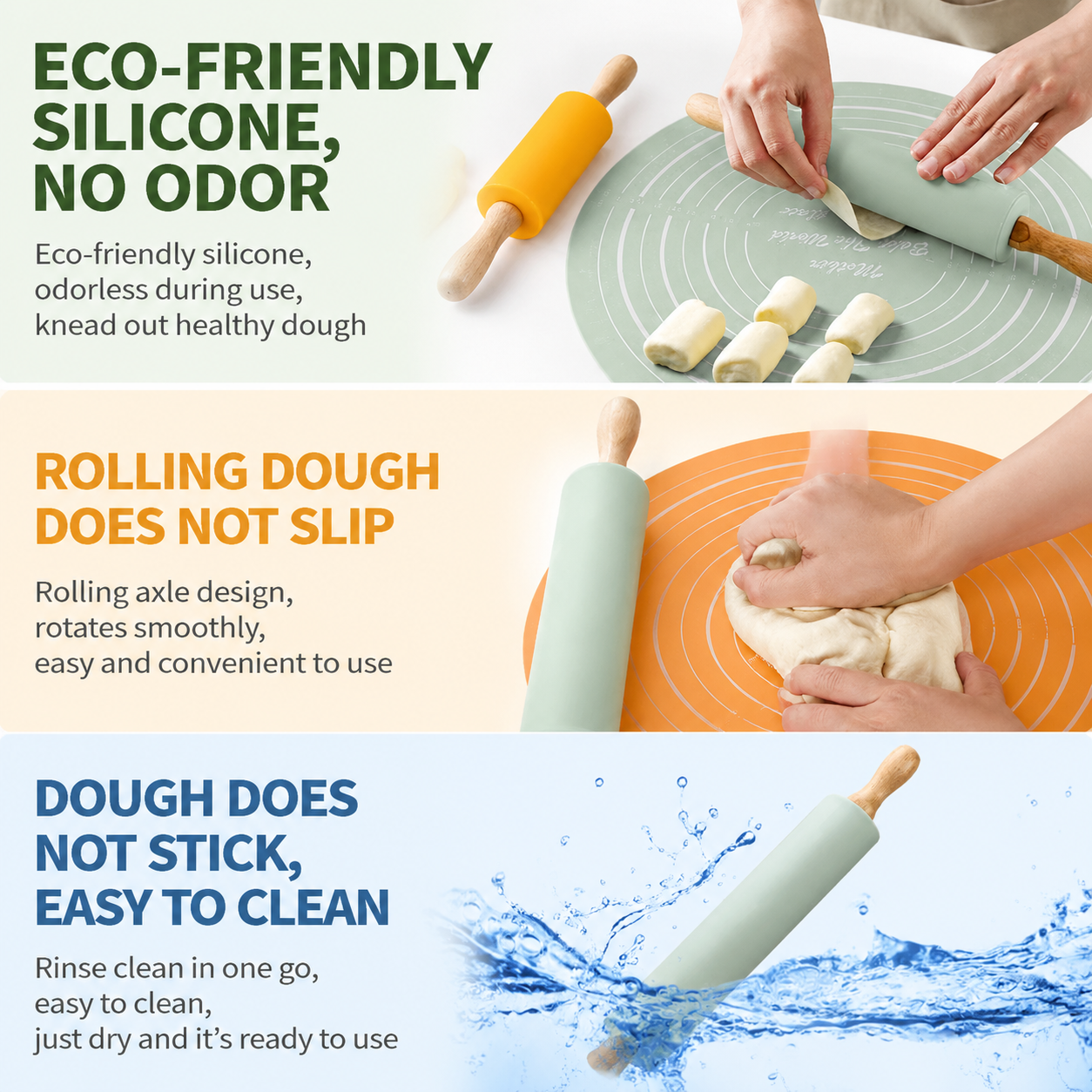 2PCS Mint Green Nonstick Silicone Dough Mat and Rolling Pin - Non Slip Baking Accessories with Measurement Marks, Heat Resistant & Easy to Clean for Bread Cake Dough Pre
