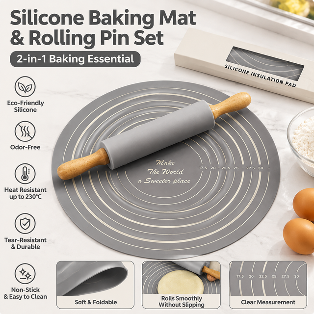 2PCS Grey Nonstick Silicone Dough Mat and Rolling Pin - Non Slip Baking Accessories with Measurement Marks, Heat Resistant & Easy to Clean for Bread Cake Dough Pre