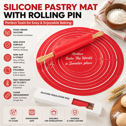 2PCS Red Nonstick Silicone Dough Mat and Rolling Pin - Non Slip Baking Accessories with Measurement Marks, Heat Resistant & Easy to Clean for Bread Cake Dough Pre