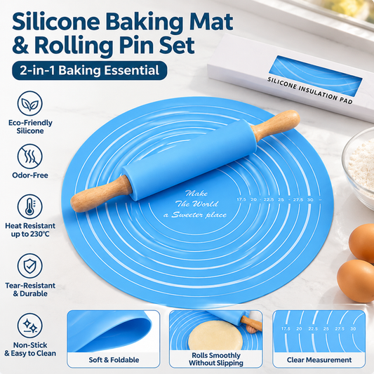 2PCS Blue Nonstick Silicone Dough Mat and Rolling Pin - Non Slip Baking Accessories with Measurement Marks, Heat Resistant & Easy to Clean for Bread Cake Dough Pre