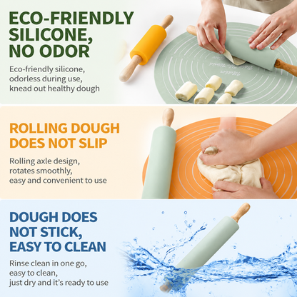 2PCS Blue Nonstick Silicone Dough Mat and Rolling Pin - Non Slip Baking Accessories with Measurement Marks, Heat Resistant & Easy to Clean for Bread Cake Dough Pre
