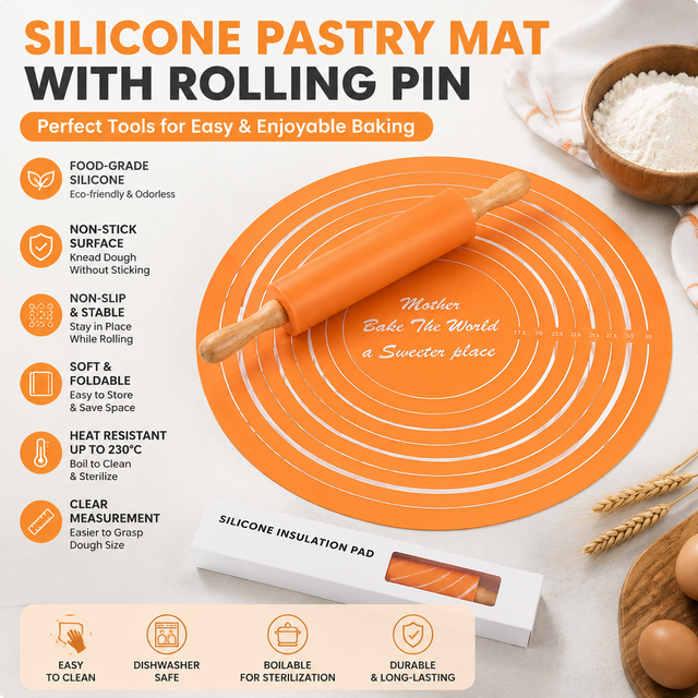 2PCS Orange Nonstick Silicone Dough Mat and Rolling Pin - Non Slip Baking Accessories with Measurement Marks, Heat Resistant & Easy to Clean for Bread Cake Dough Pre