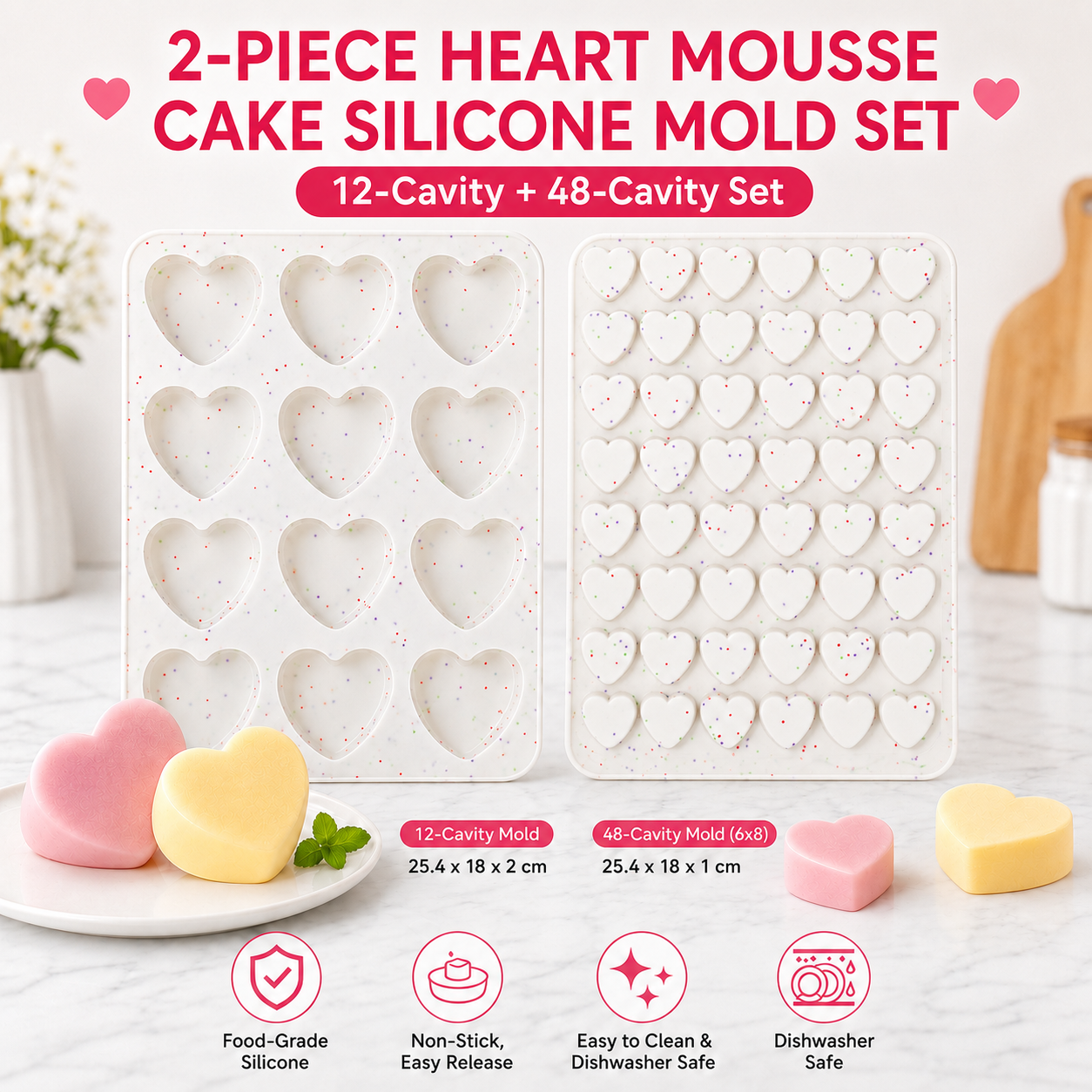 12 Cavity & 48 Cavity Heart Shaped Silicone Nonstick Easy Release Baking Molds - Food Grade Heart Chocolate Mousse Cake Baking Tray for Dessert Candy Jelly
