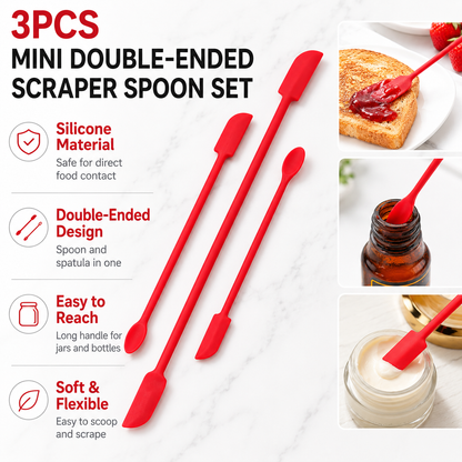 Red Silicone Mini Double Ended Spatula Spoon Set of 3 Sizes - Flexible Kitchen Mixing Spatula with Long Handle for Narrow Cosmetic Bottles Jam Jars Cream Containers
