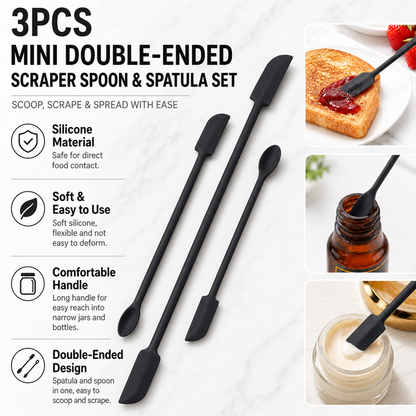 Black Silicone Mini Double Ended Spatula Spoon Set of 3 Sizes - Flexible Kitchen Mixing Spatula with Long Handle for Narrow Cosmetic Bottles Jam Jars Cream Containers