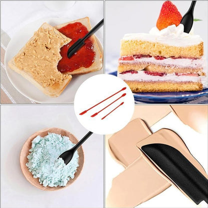 Black Silicone Mini Double Ended Spatula Spoon Set of 3 Sizes - Flexible Kitchen Mixing Spatula with Long Handle for Narrow Cosmetic Bottles Jam Jars Cream Containers