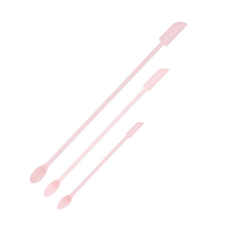 Pink Silicone Mini Double Ended Spatula Spoon Set of 3 Sizes - Flexible Kitchen Mixing Spatula with Long Handle for Narrow Cosmetic Bottles Jam Jars Cream Containers