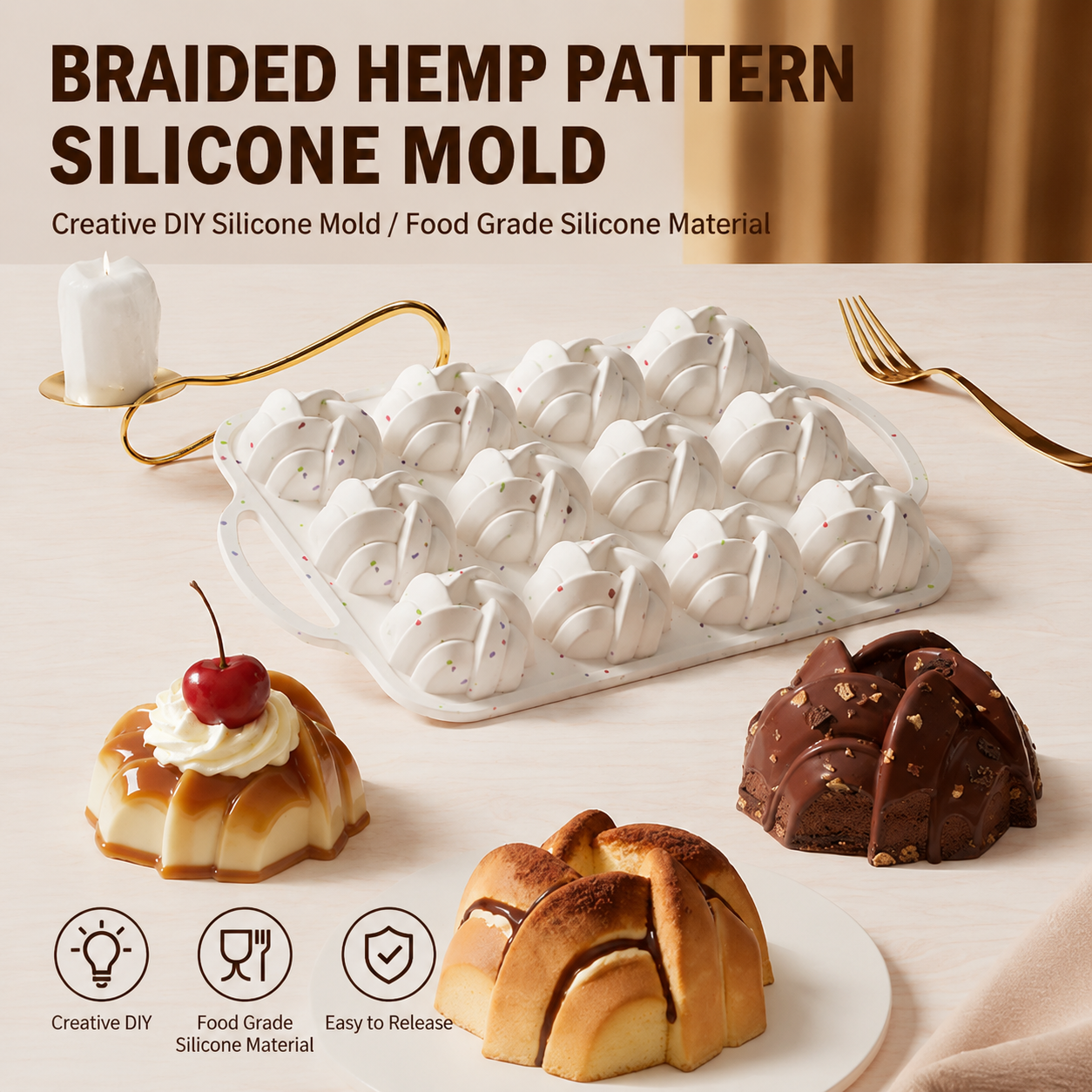 12 Cavity Silicone Bundt Cake Mould and Nonstick Iron Muffins Pan with Braided Hemp Pattern - Hardly Deformed, Easy to Release and Clean, Oven & Freezer Safe for Chocolate Jelly Mousse DIY Baking