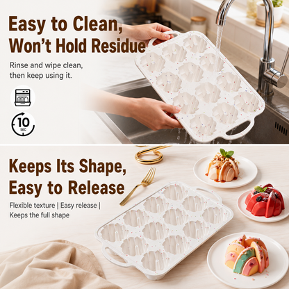 12 Cavity Silicone Bundt Cake Mould and Nonstick Iron Muffins Pan with Braided Hemp Pattern - Hardly Deformed, Easy to Release and Clean, Oven & Freezer Safe for Chocolate Jelly Mousse DIY Baking