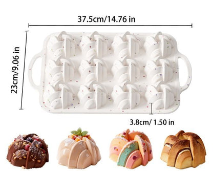 12 Cavity Silicone Bundt Cake Mould and Nonstick Iron Muffins Pan with Braided Hemp Pattern - Hardly Deformed, Easy to Release and Clean, Oven & Freezer Safe for Chocolate Jelly Mousse DIY Baking