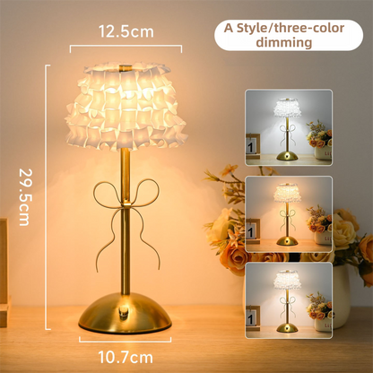Creative Rechargeable Bow Table Lamp with Pleated Fabric Lampshade - Three Colour Soft Light, Touch Stepless Dimming, USB-C Cordless Bedside Decor, Style A