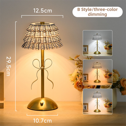 Creative Rechargeable Bow Table Lamp with Pleated Fabric Lampshade - Three Colour Soft Light, Touch Stepless Dimming, USB-C Cordless Bedside Decor, Style B