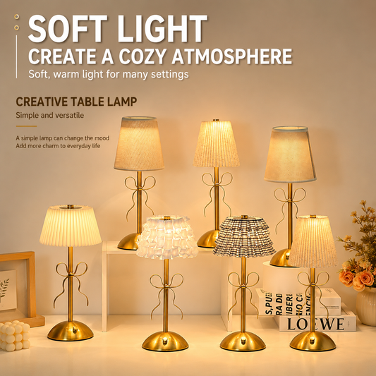 Creative Rechargeable Bow Table Lamp with Pleated Fabric Lampshade - Three Colour Soft Light, Touch Stepless Dimming, USB-C Cordless Bedside Decor, Style C