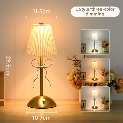 Creative Rechargeable Bow Table Lamp with Pleated Fabric Lampshade - Three Colour Soft Light, Touch Stepless Dimming, USB-C Cordless Bedside Decor, Style E