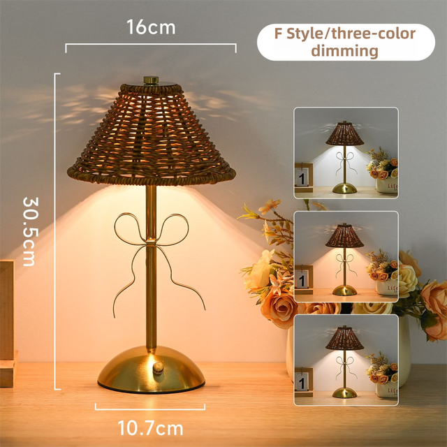 Creative Rechargeable Bow Table Lamp with Pleated Fabric Lampshade - Three Colour Soft Light, Touch Stepless Dimming, USB-C Cordless Bedside Decor, Style F