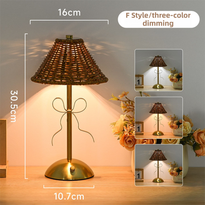 Creative Rechargeable Bow Table Lamp with Pleated Fabric Lampshade - Three Colour Soft Light, Touch Stepless Dimming, USB-C Cordless Bedside Decor, Style F