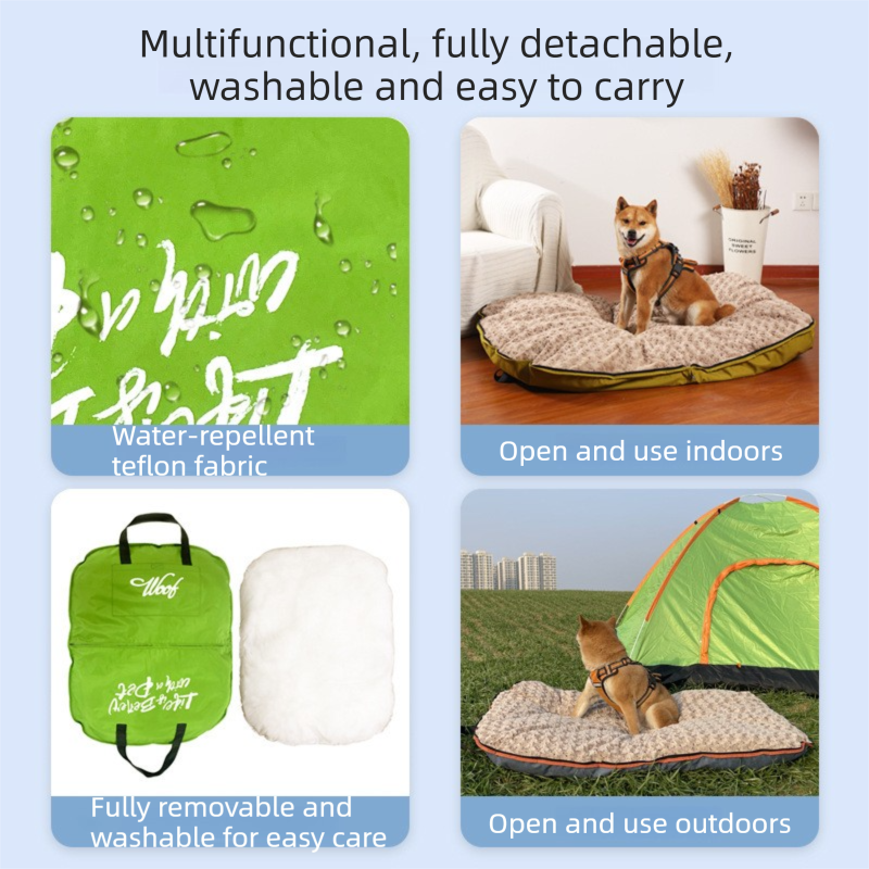 Khaki M size Portable Foldable Pet Bed Mat – Waterproof Travel Dog Bed and Cat Cushion with Carry Handles, Removable Washable Cover, Plush Comfort Padding for Indoor and Outdoor Use