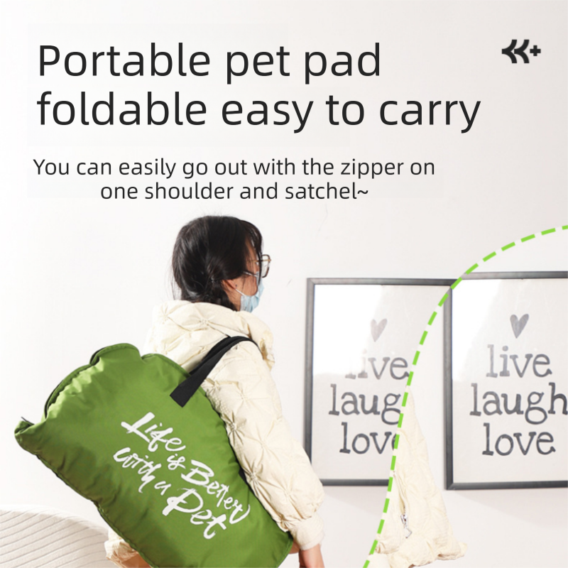 Green M size Portable Foldable Pet Bed Mat – Waterproof Travel Dog Bed and Cat Cushion with Carry Handles, Removable Washable Cover, Plush Comfort Padding for Indoor and Outdoor Use