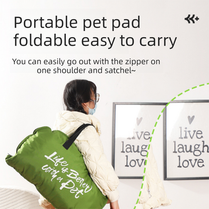 Green M size Portable Foldable Pet Bed Mat – Waterproof Travel Dog Bed and Cat Cushion with Carry Handles, Removable Washable Cover, Plush Comfort Padding for Indoor and Outdoor Use