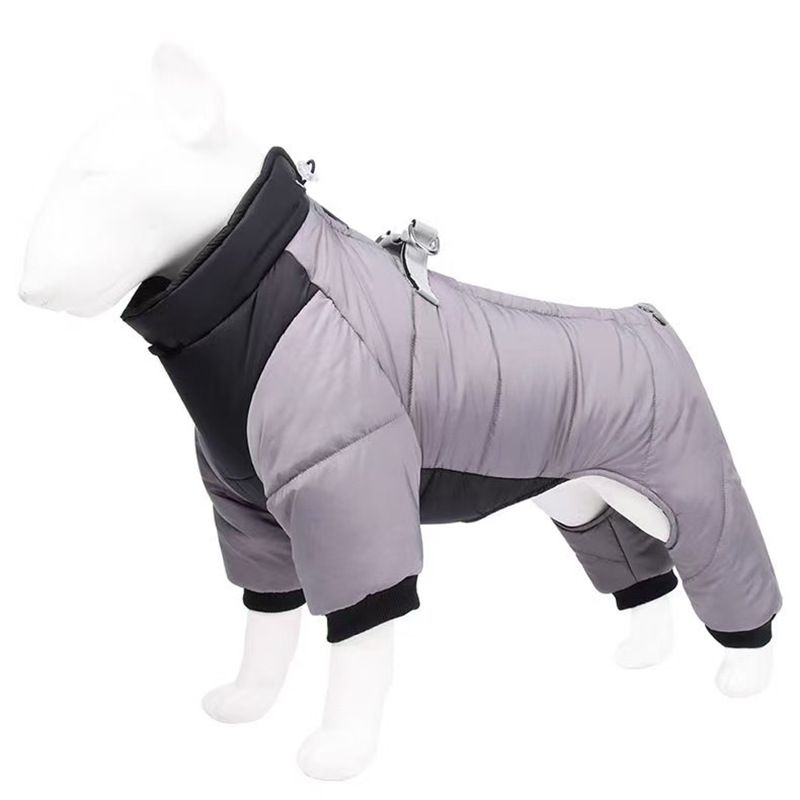 Grey S size Winter Dog Jumpsuit Coat – Waterproof Four-Leg Pet Jacket with Reflective Harness Clip, Windproof Warm Padded Puppy Snowsuit, Adjustable Polyester Dog Clothing for Small to Medium Dogs