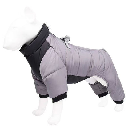 Grey S size Winter Dog Jumpsuit Coat – Waterproof Four-Leg Pet Jacket with Reflective Harness Clip, Windproof Warm Padded Puppy Snowsuit, Adjustable Polyester Dog Clothing for Small to Medium Dogs