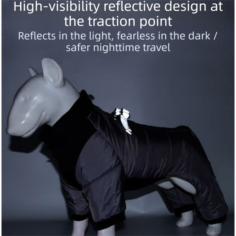 Grey S size Winter Dog Jumpsuit Coat – Waterproof Four-Leg Pet Jacket with Reflective Harness Clip, Windproof Warm Padded Puppy Snowsuit, Adjustable Polyester Dog Clothing for Small to Medium Dogs